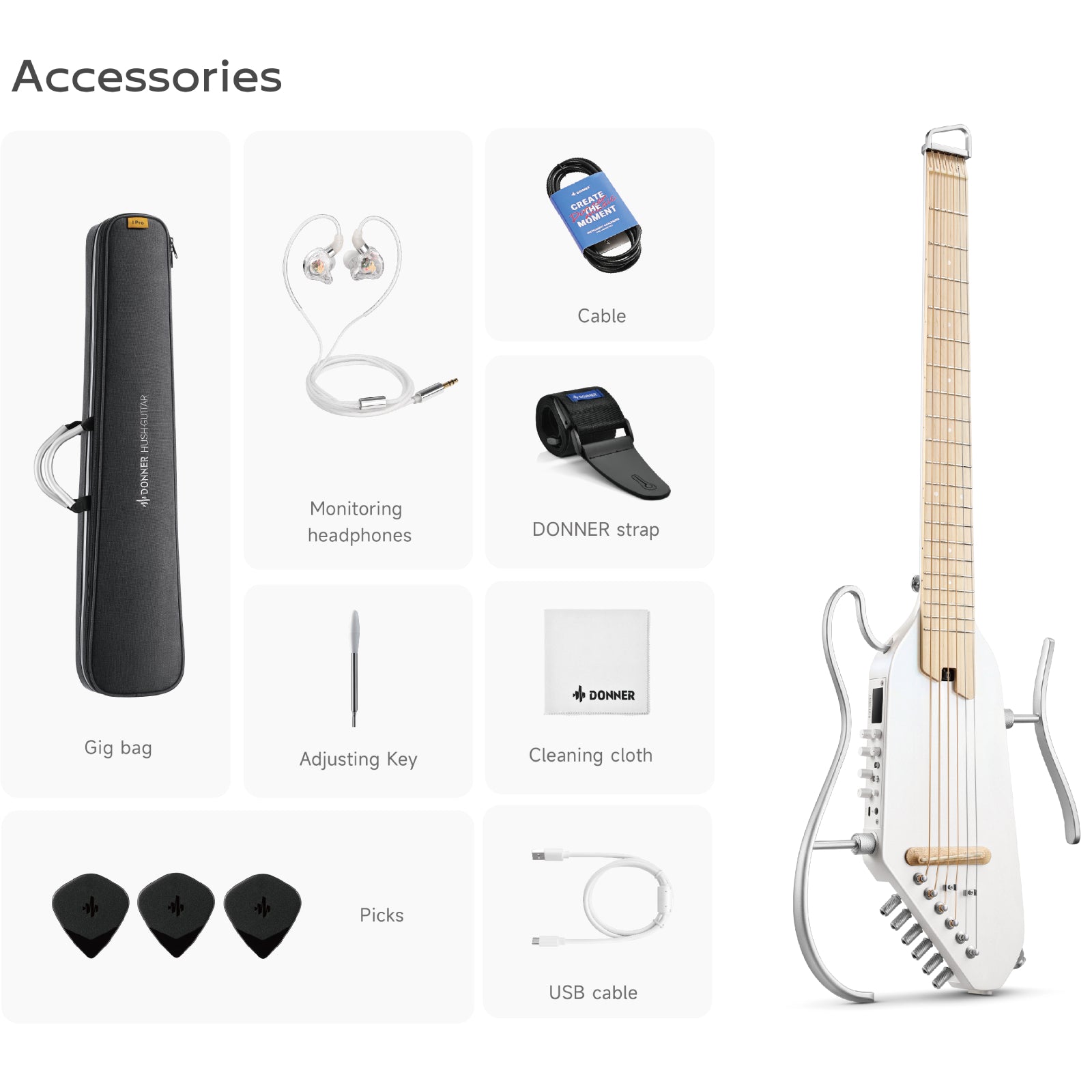 HUSH-I PRO Travel Guitar / Acoustic-Electric Kit with Effects – Donner