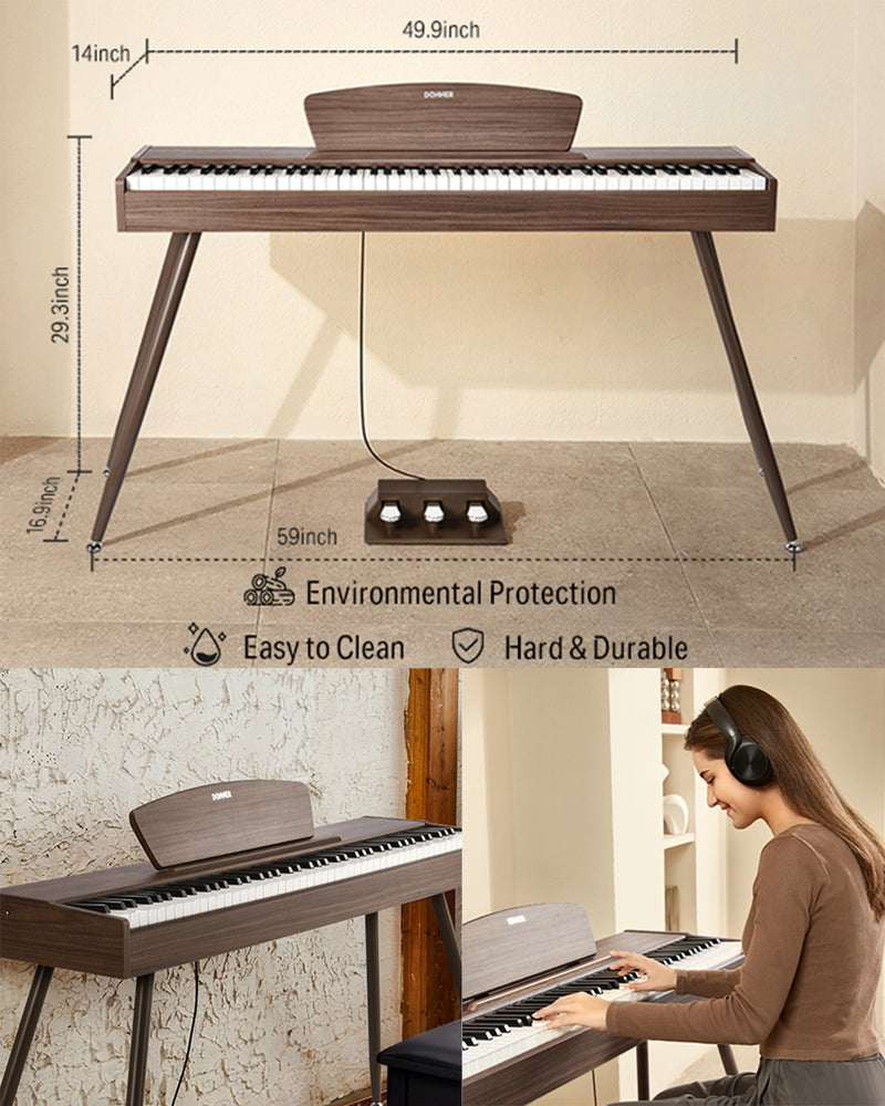 Donner DDP-80 Digital Piano 88 Key Weighted Keyboard, Walnut Wood Color + Pedal