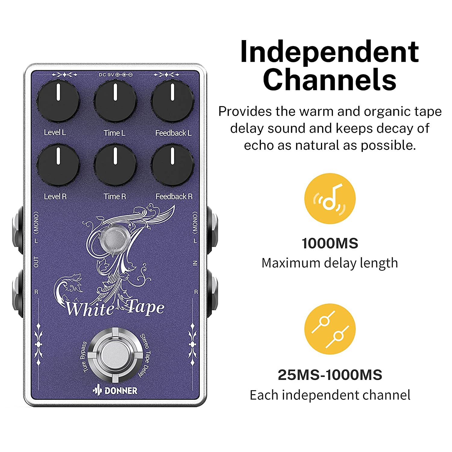 Donner Tape Delay Guitar Effect Pedal, White Tape Stereo Tape Delay Transparent Boost True Bypass - Donner music-AU