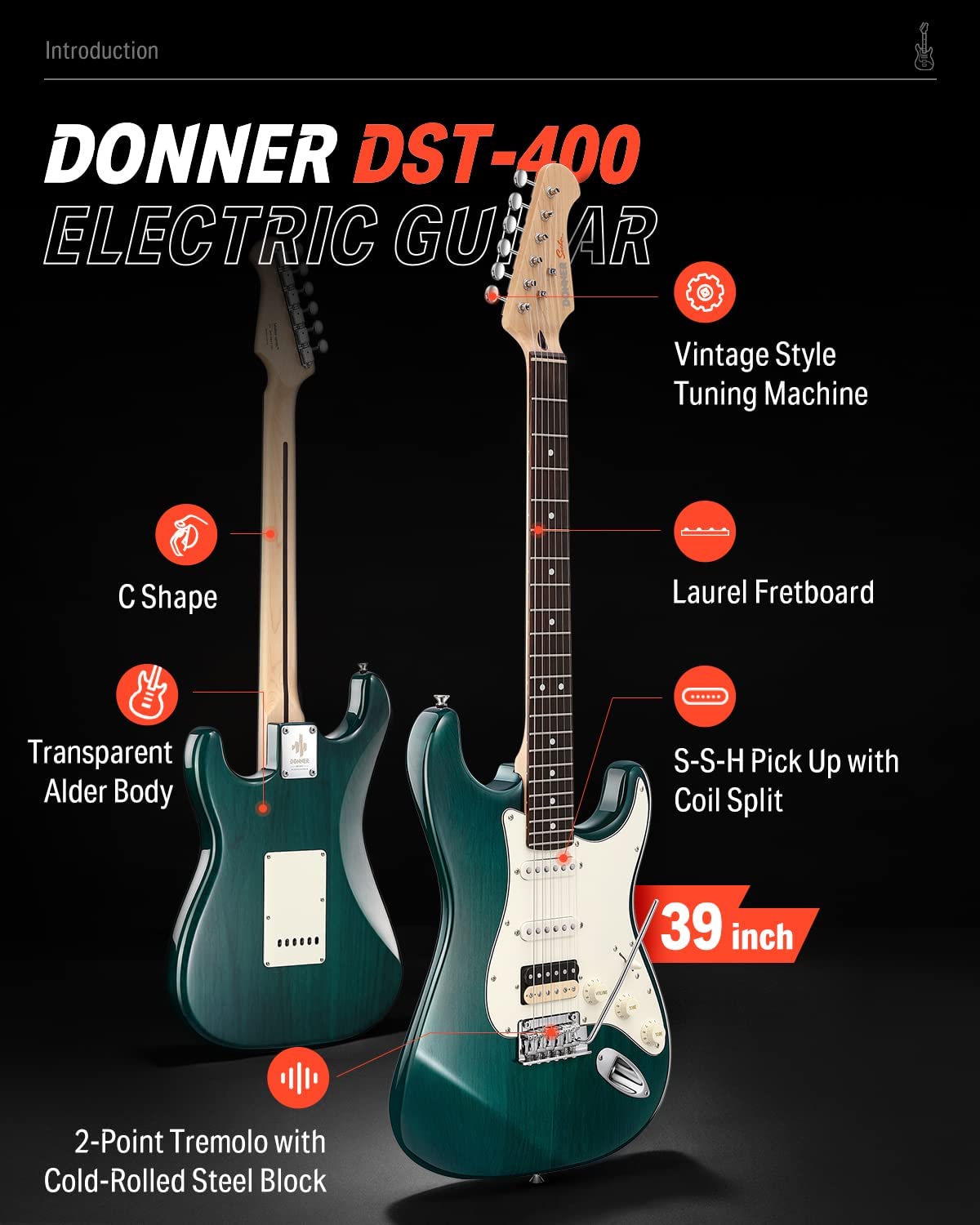 Donner DST-400 Solid Alder Body 2 Point Tremolo HSS Pickups Classic Electric Guitar Kit donner music au