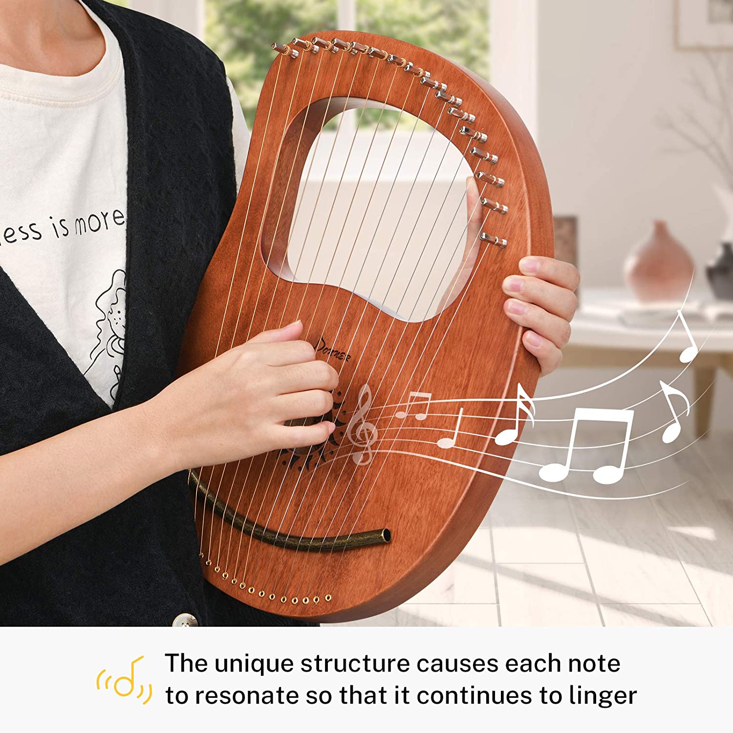 Donner DLH-003 Lyre Harp Mahogany, 16 Metal String Vintage Copper Saddle Ancient Greece Style Lyre Harp with Tuning Wrench and Black Gig Bag - Donner music-AU