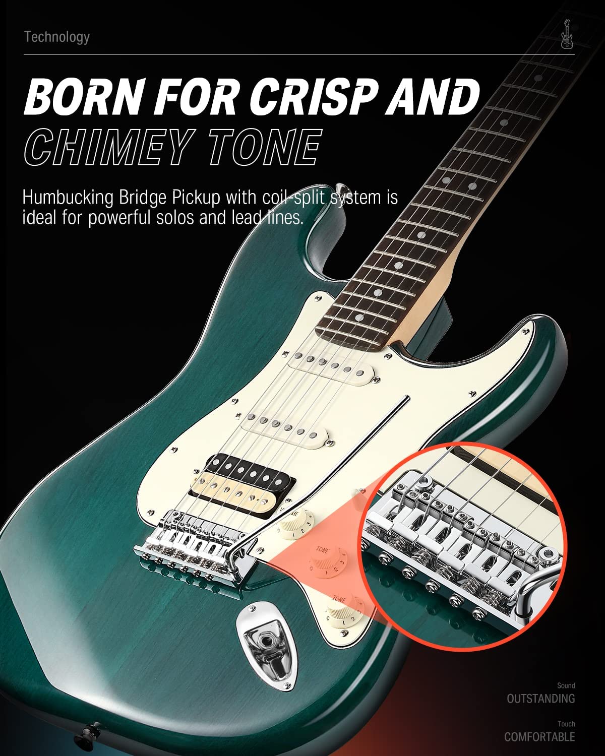 Donner DST-200 Electric Guitar – Sunburst, HSS Pickups, Coil Split, Tremolo Bridge, 22 Frets, Right-Handed, Beginner Bundle W/ Gig Bag, Cable, Strap