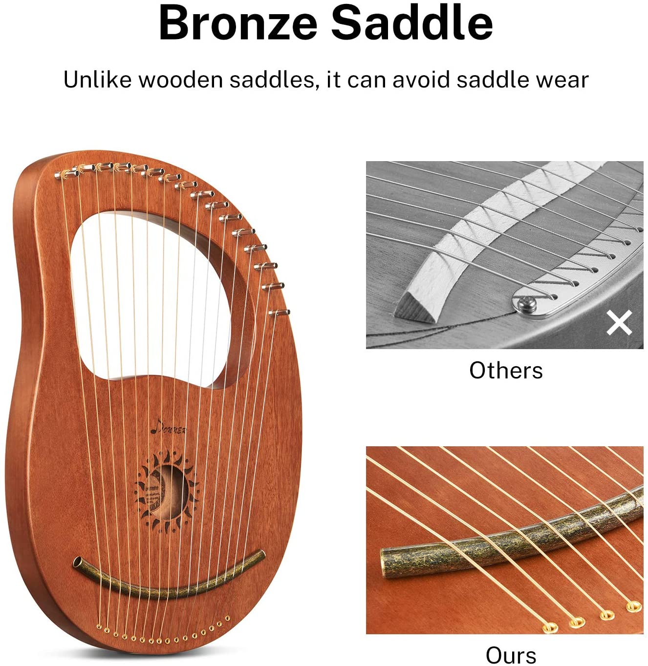 Donner DLH-003 Lyre Harp Mahogany, 16 Metal String Vintage Copper Saddle Ancient Greece Style Lyre Harp with Tuning Wrench and Black Gig Bag - Donner music-AU