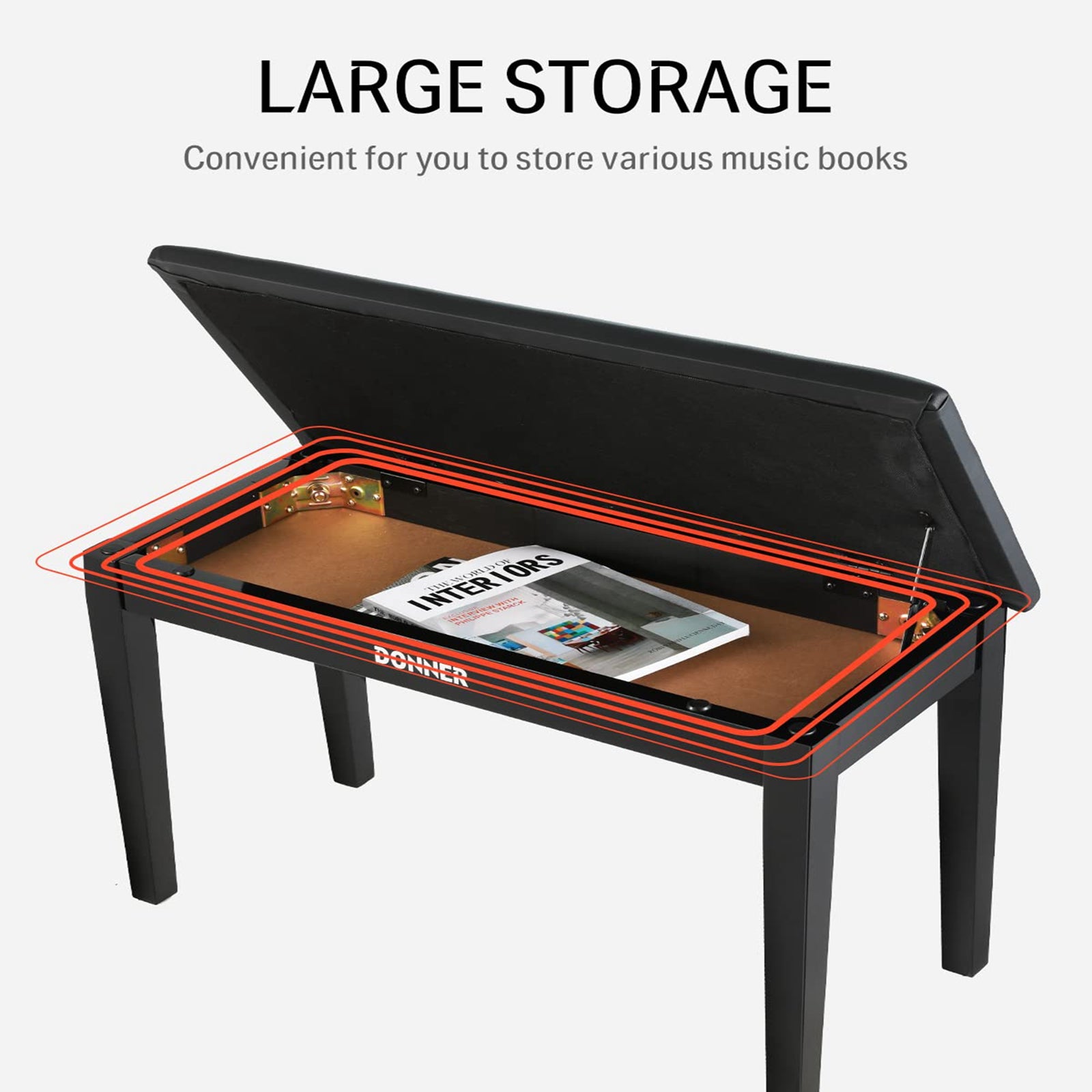 Donner Duet Size Piano Stool Bench Solid Wooden with Large Storage