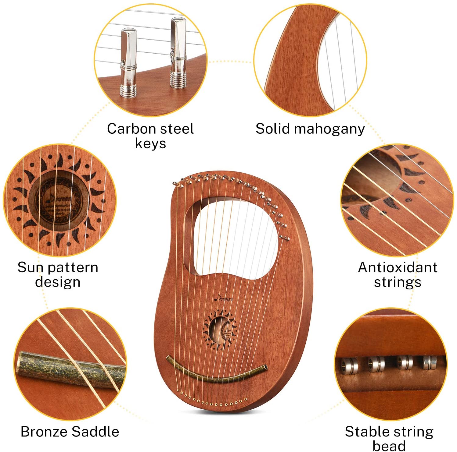 Donner DLH-003 Lyre Harp Mahogany, 16 Metal String Vintage Copper Saddle Ancient Greece Style Lyre Harp with Tuning Wrench and Black Gig Bag - Donner music-AU